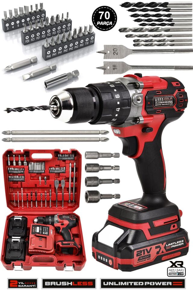 Assur 21V Çift Akülü Vidalama Çelik Mandren Kömürsüz Motor Darbeli Şarjlı Matkap