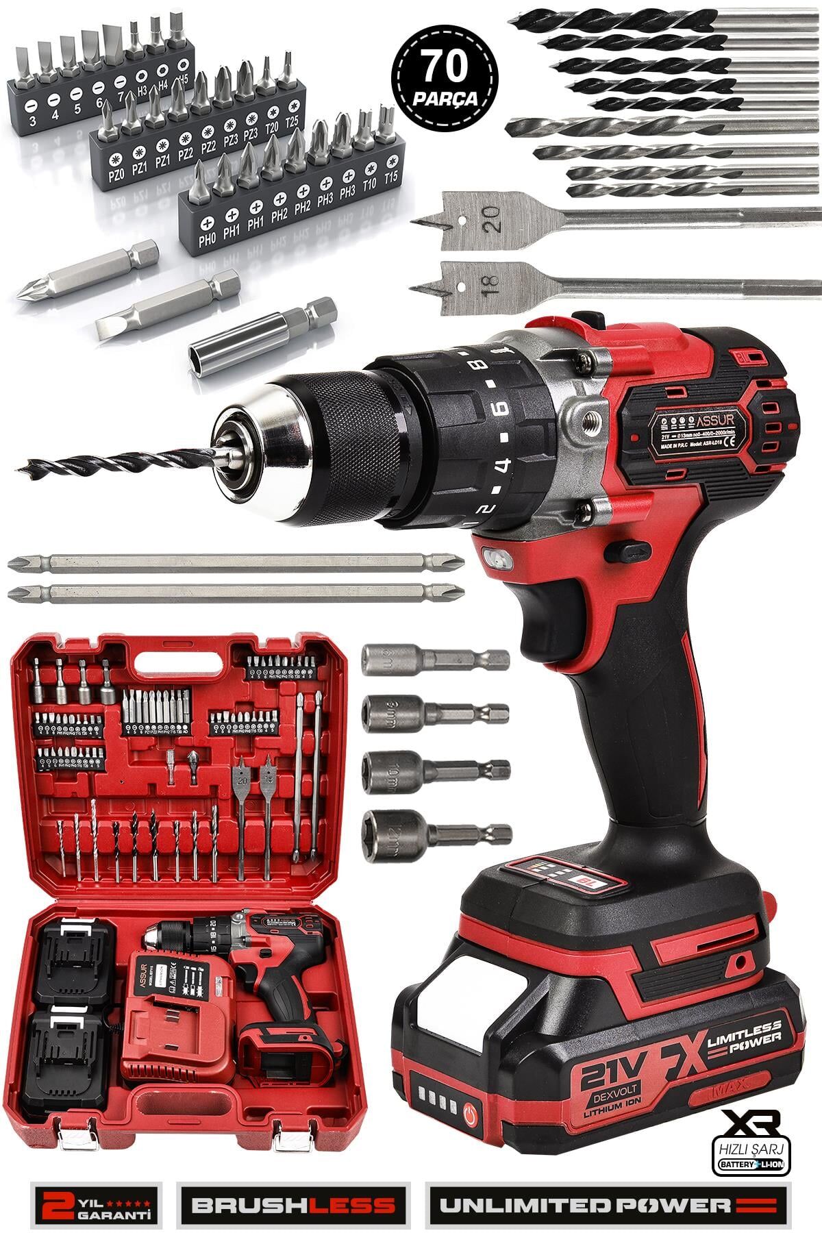 Assur 21V Çift Akülü Vidalama Çelik Mandren Kömürsüz Motor Darbeli Şarjlı Matkap