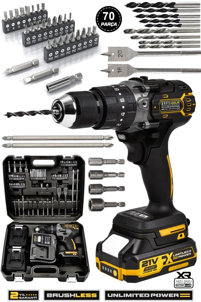 Assur 21V Çift Akülü Vidalama Çelik Mandren Kömürsüz Motor Darbeli Şarjlı Matkap