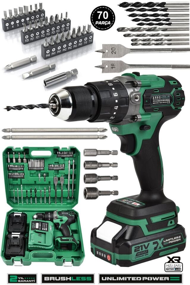 Assur 21V Çift Akülü Vidalama Çelik Mandren Kömürsüz Motor Darbeli Şarjlı Matkap