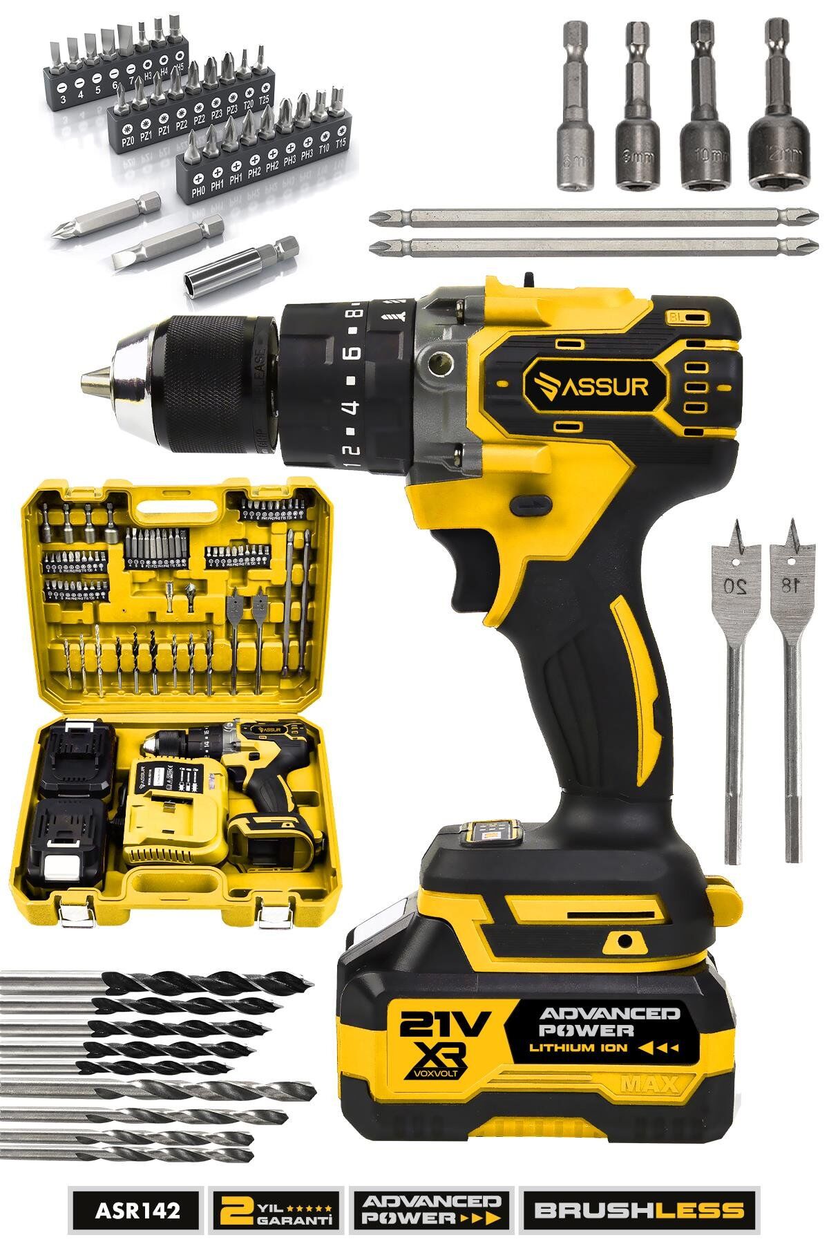 Assur 21V 10 Pilli Çift Akülü Vidalama Darbeli Şarjlı Matkap