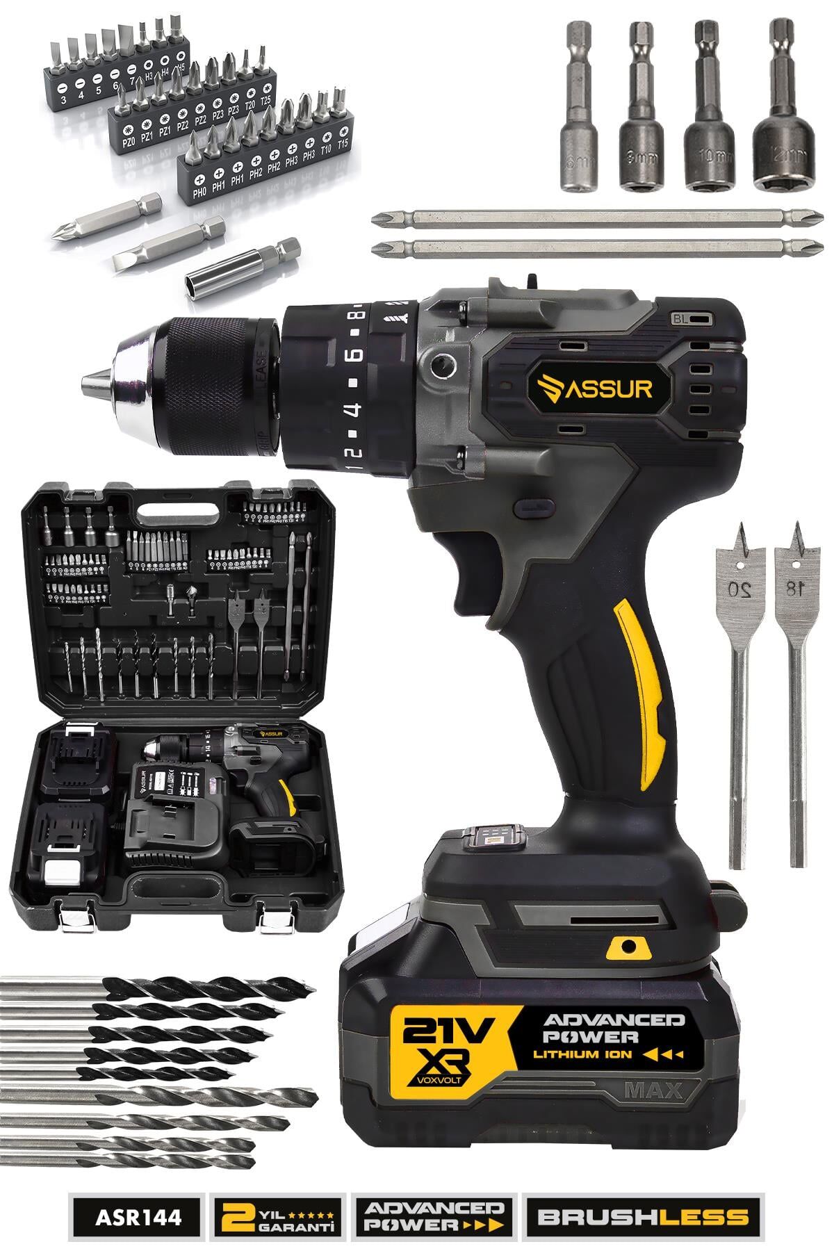 Assur 21V 10 Pilli Çift Akülü Vidalama Darbeli Şarjlı Matkap