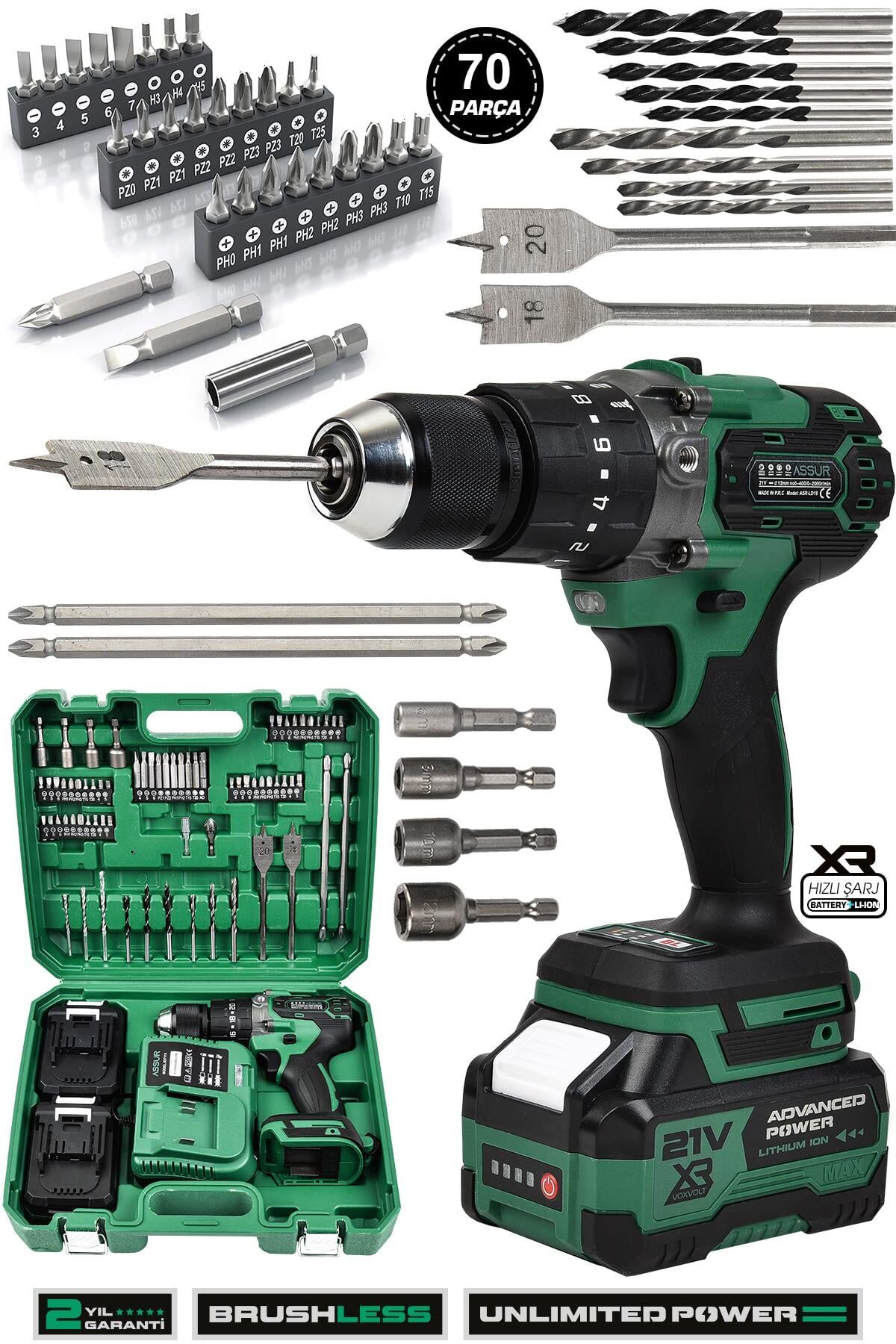 Assur 21V 10 Pilli Çift Akülü Vidalama Darbeli Şarjlı Matkap