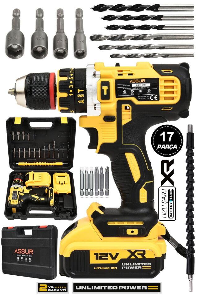 Assur 12V Çift Akülü Vidalama Darbeli Şarjlı Matkap