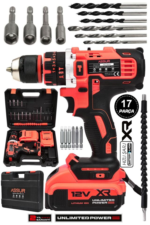 Assur 12V Çift Akülü Vidalama Darbeli Şarjlı Matkap