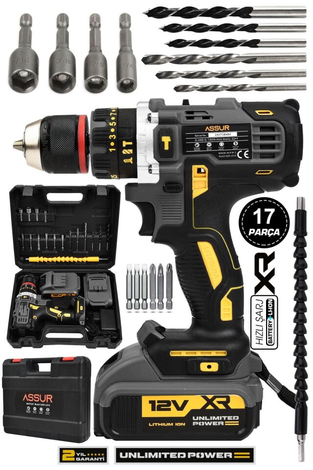 Assur 12V Çift Akülü Vidalama Darbeli Şarjlı Matkap