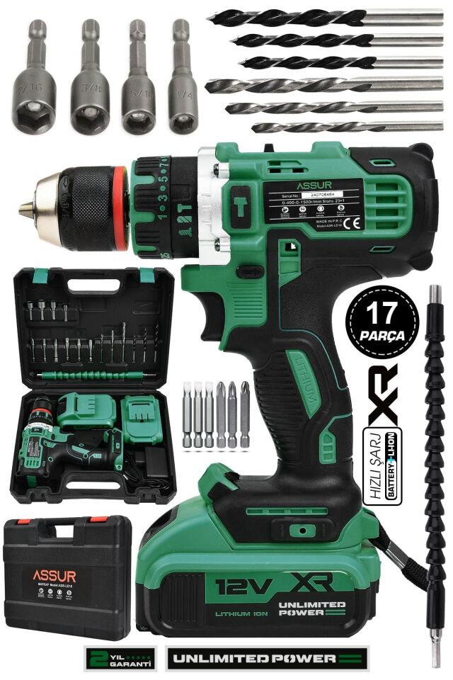 Assur 12V Çift Akülü Vidalama Darbeli Şarjlı Matkap