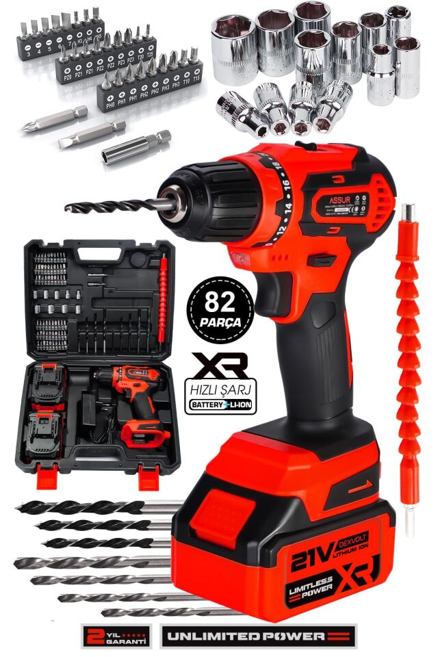 Assur 21V Çelik Şanzıman Bakır Sargılı Çift Akülü Şarjlı Matkap Vidalama