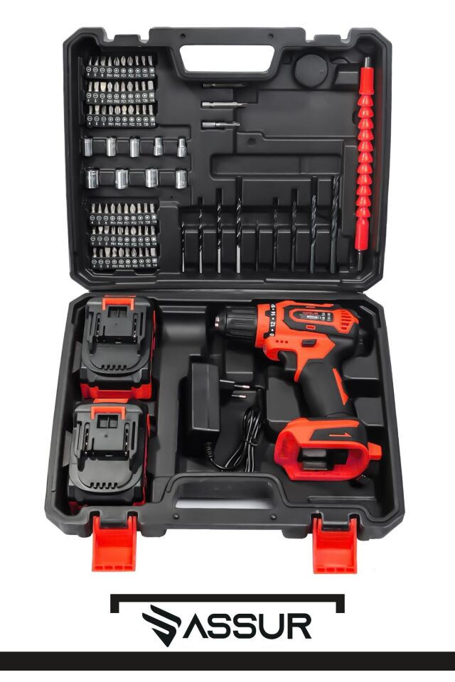 Assur 21V Çelik Şanzıman Bakır Sargılı Çift Akülü Şarjlı Matkap Vidalama