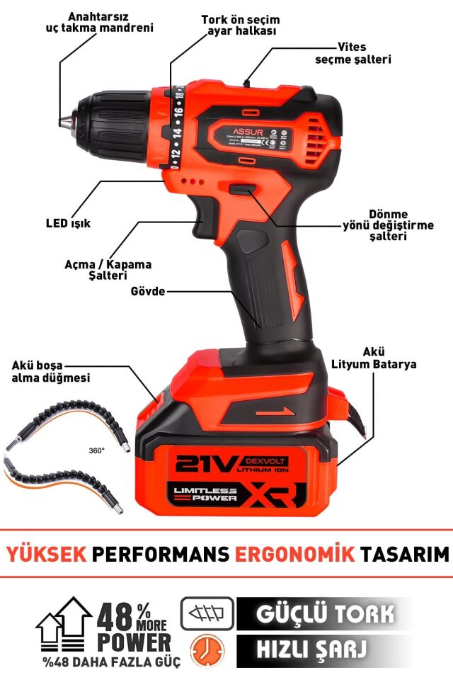 Assur 21V Çelik Şanzıman Bakır Sargılı Çift Akülü Şarjlı Matkap Vidalama
