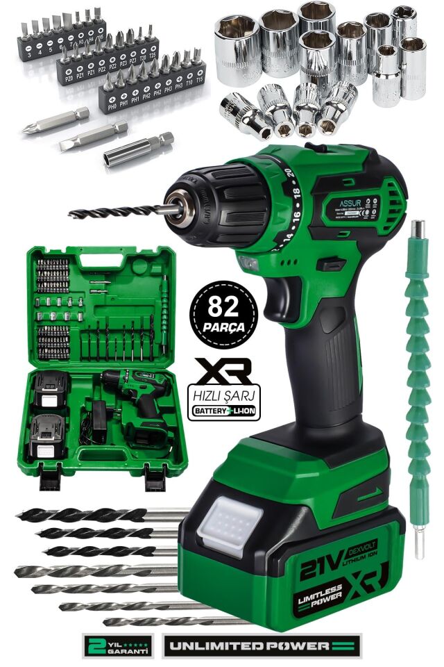 Assur 21V Çelik Şanzıman Bakır Sargılı Çift Akülü Şarjlı Matkap Vidalama