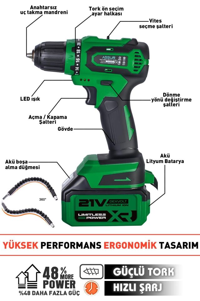 Assur 21V Çelik Şanzıman Bakır Sargılı Çift Akülü Şarjlı Matkap Vidalama
