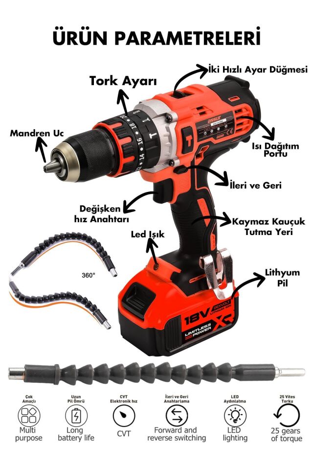 Assur 21V Çift Metal Şanzıman Çift Akülü Şarjlı Darbeli Matkap