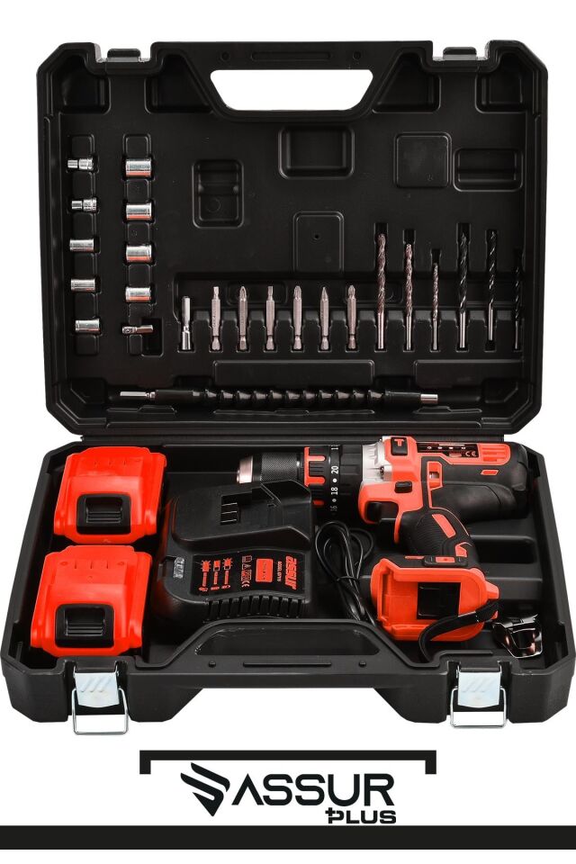 Assur 21V Çift Metal Şanzıman Çift Akülü Şarjlı Darbeli Matkap