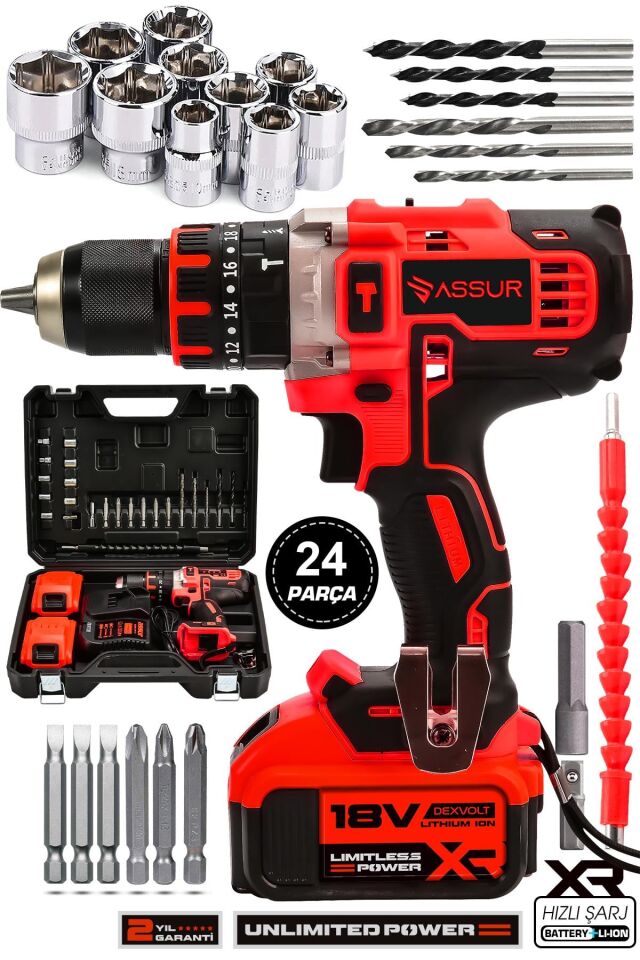 Assur 21V Çift Metal Şanzıman Çift Akülü Şarjlı Darbeli Matkap