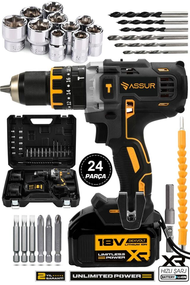 Assur 21V Çift Metal Şanzıman Çift Akülü Şarjlı Darbeli Matkap