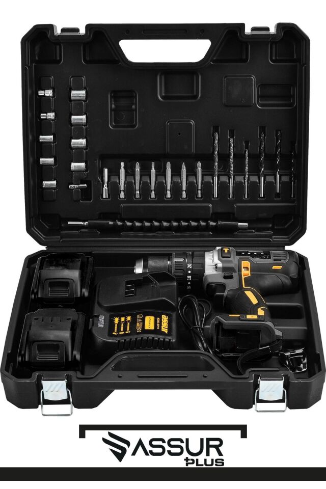 Assur 21V Çift Metal Şanzıman Çift Akülü Şarjlı Darbeli Matkap