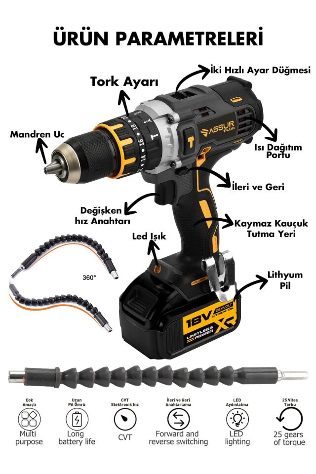 Assur 21V Çift Metal Şanzıman Çift Akülü Şarjlı Darbeli Matkap