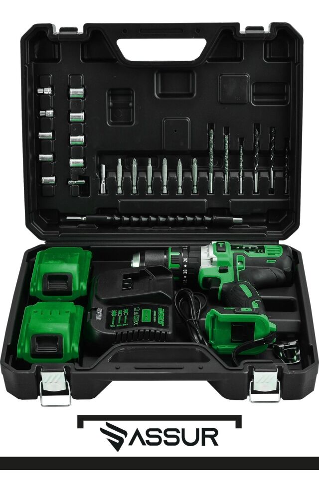 Assur 21V Çift Metal Şanzıman Çift Akülü Şarjlı Darbeli Matkap