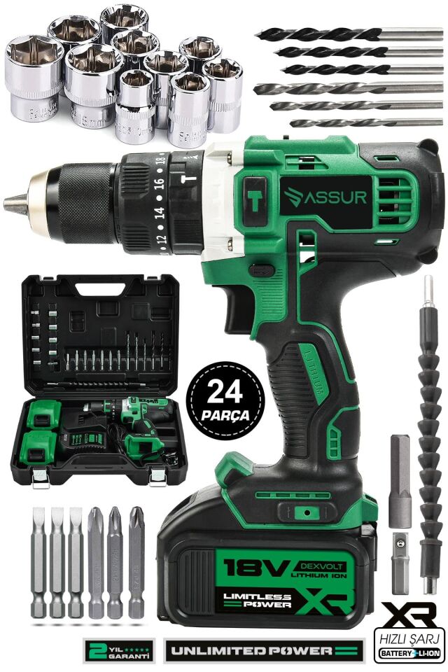 Assur 21V Çift Metal Şanzıman Çift Akülü Şarjlı Darbeli Matkap