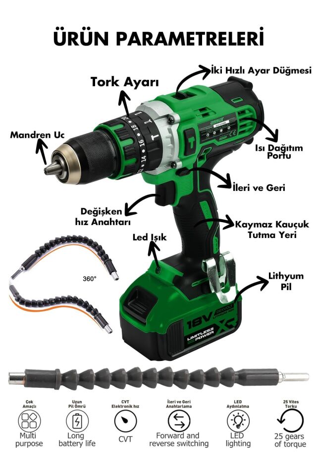 Assur 21V Çift Metal Şanzıman Çift Akülü Şarjlı Darbeli Matkap