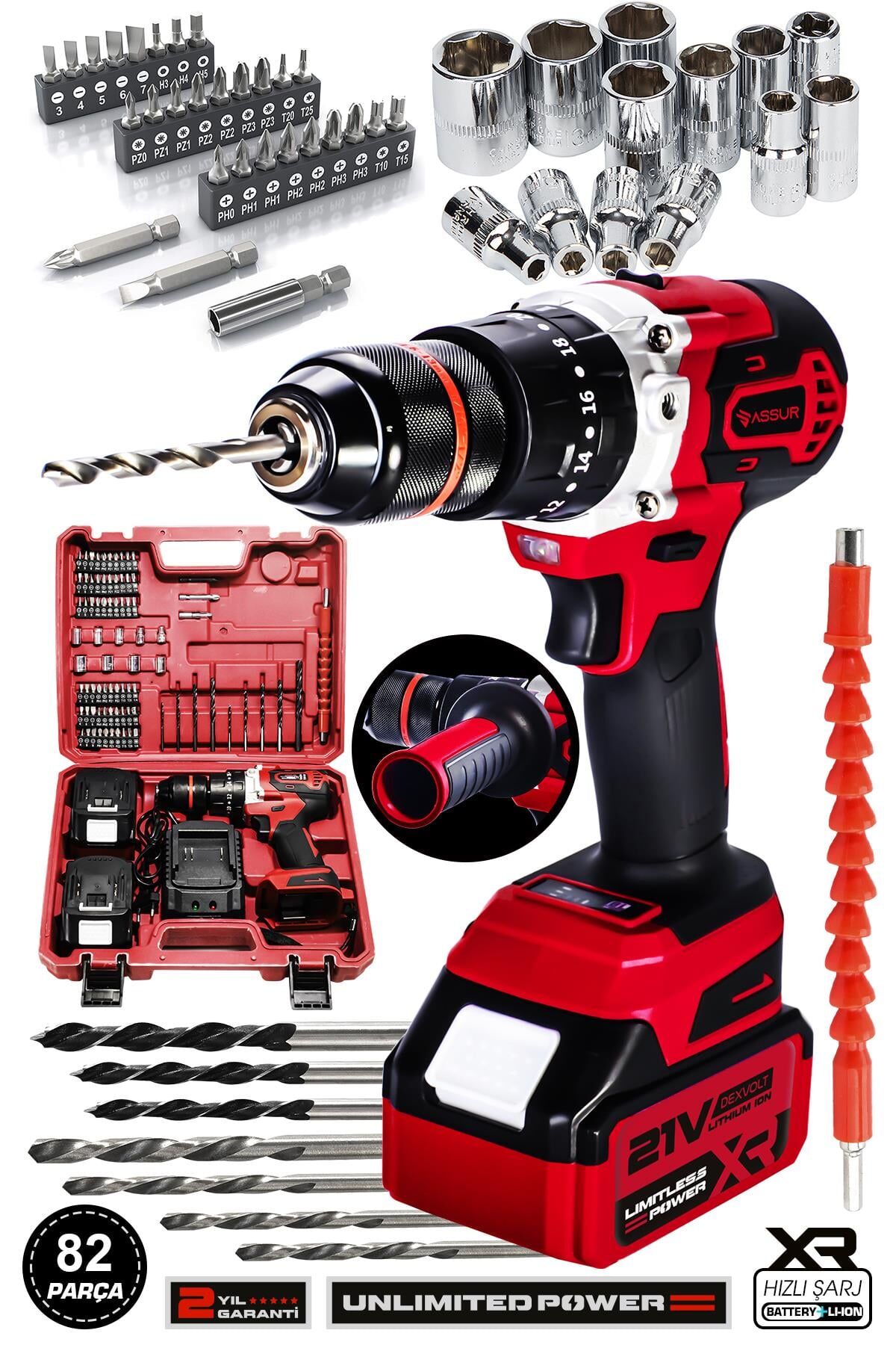 Assur 21V Çelik Şanzıman Çift Akülü Darbeli Şarjlı Matkap Akülü Vidalama