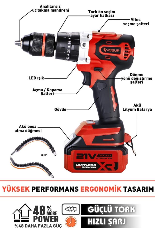Assur 21V Çelik Şanzıman Çift Akülü Darbeli Şarjlı Matkap Akülü Vidalama