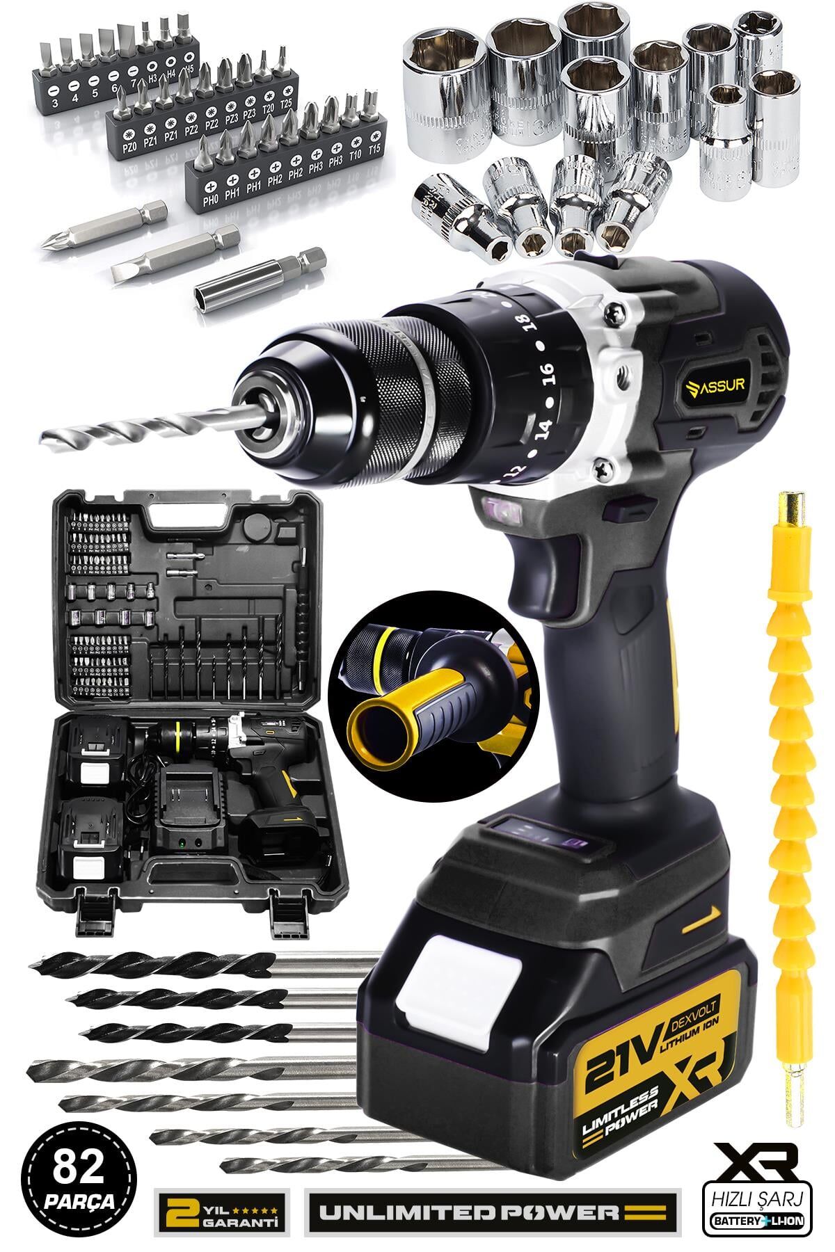 Assur 21V Çelik Şanzıman Çift Akülü Darbeli Şarjlı Matkap Akülü Vidalama