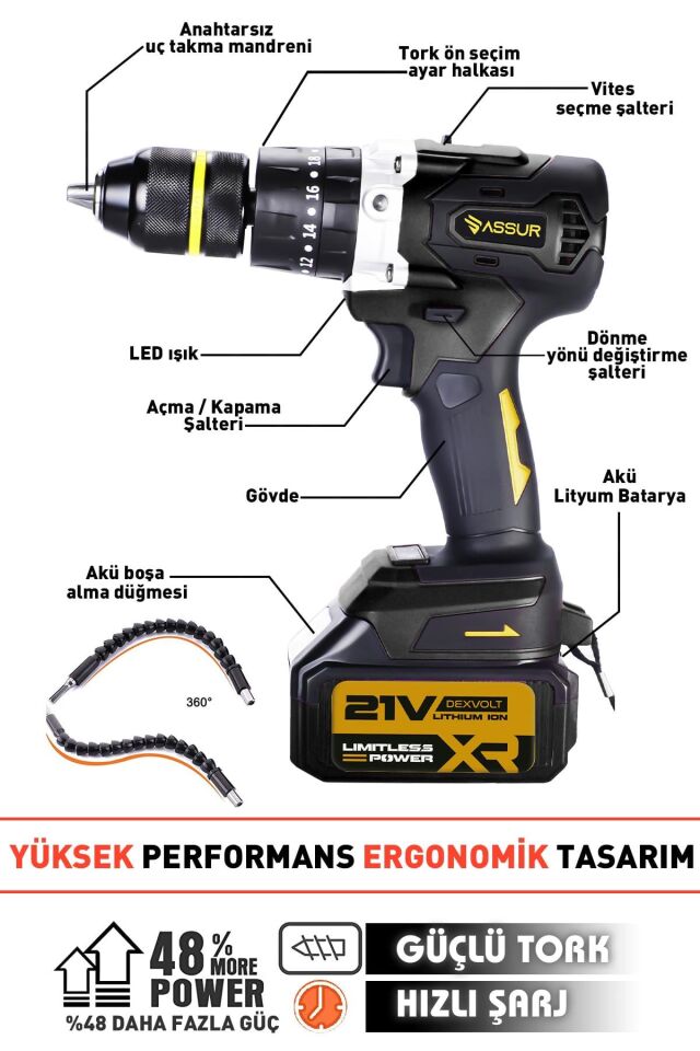 Assur 21V Çelik Şanzıman Çift Akülü Darbeli Şarjlı Matkap Akülü Vidalama