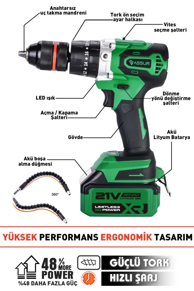Assur 21V Çelik Şanzıman Çift Akülü Darbeli Şarjlı Matkap Akülü Vidalama