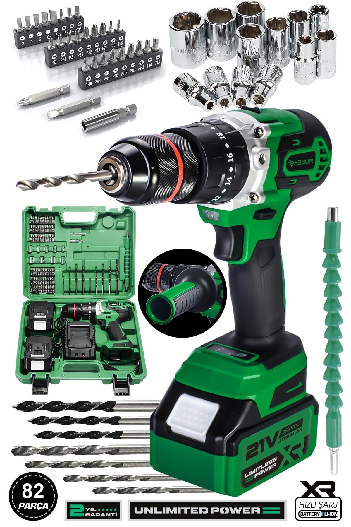 Assur 21V Çelik Şanzıman Çift Akülü Darbeli Şarjlı Matkap Akülü Vidalama