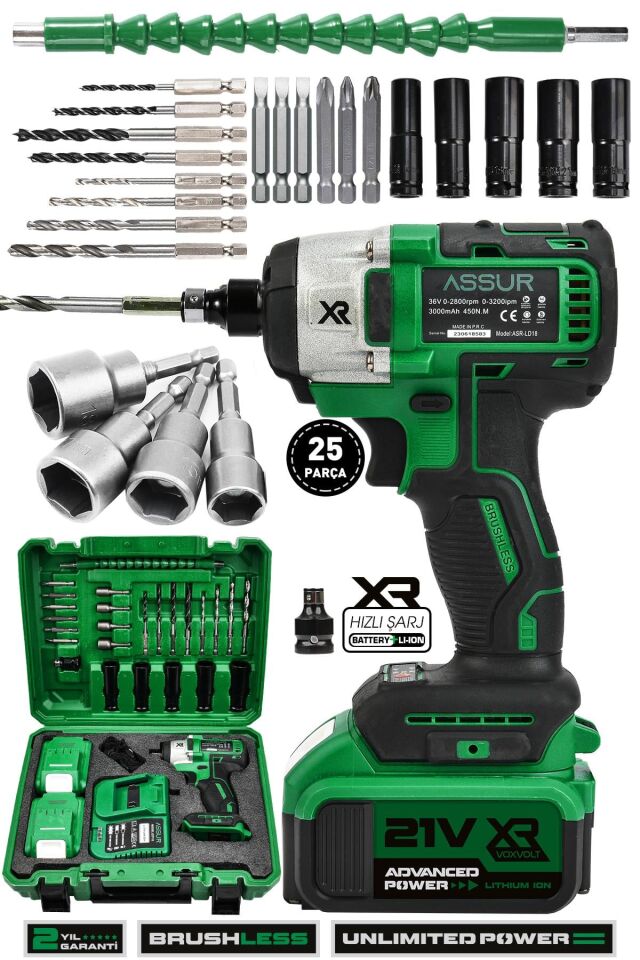 Assur 21V Akülü Bijon Somun Sıkma Sökme Matkap Kömürsüz