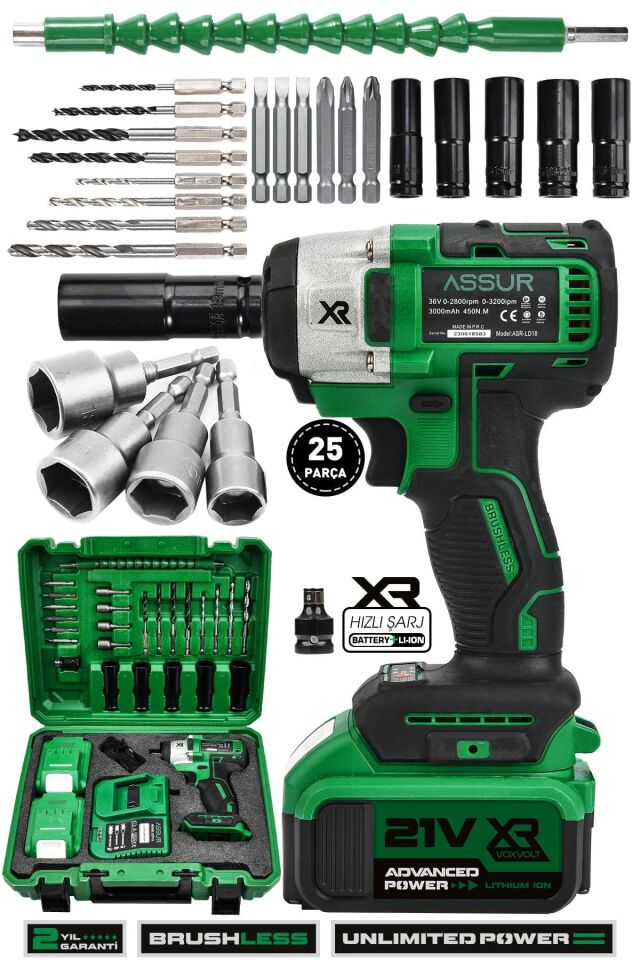 Assur 21V Akülü Bijon Somun Sıkma Sökme Matkap Kömürsüz