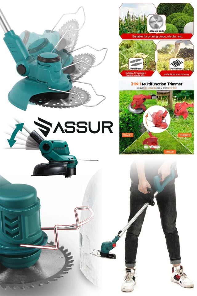Assur 21V Çift Akü Uzatma Kollu Çalı Ot Çim Biçme Şarjlı Tırpan
