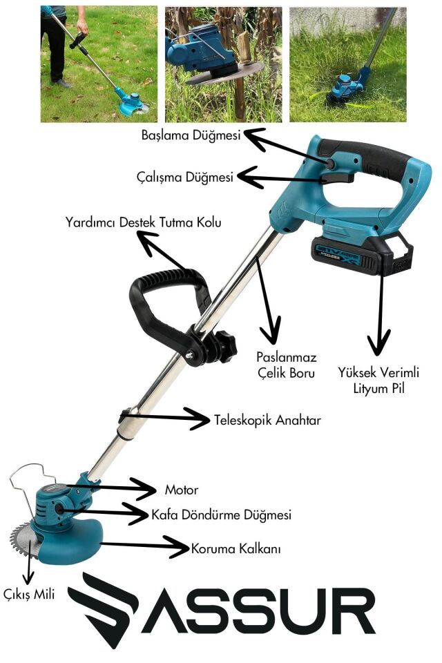 Assur 21V Çift Akü Uzatma Kollu Çalı Ot Çim Biçme Şarjlı Tırpan