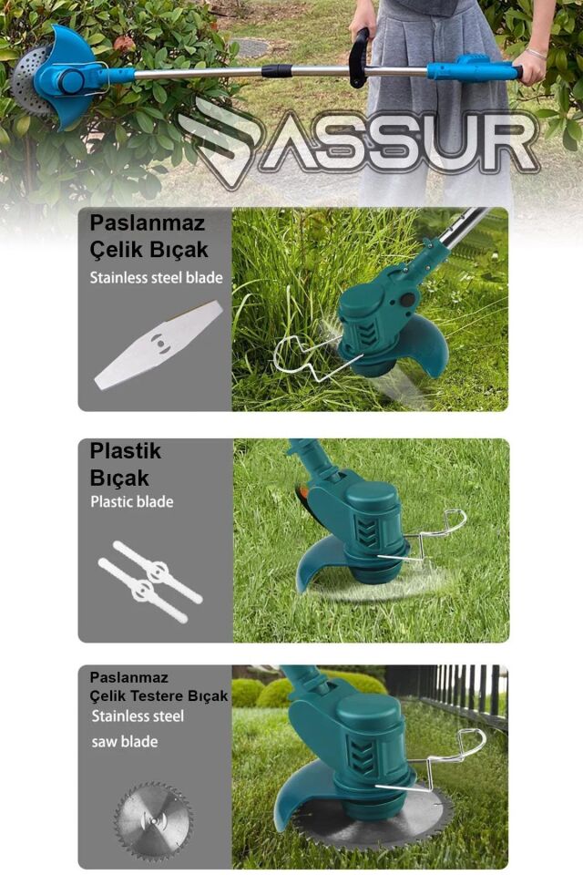 Assur 21V Çift Akü Uzatma Kollu Çalı Ot Çim Biçme Şarjlı Tırpan