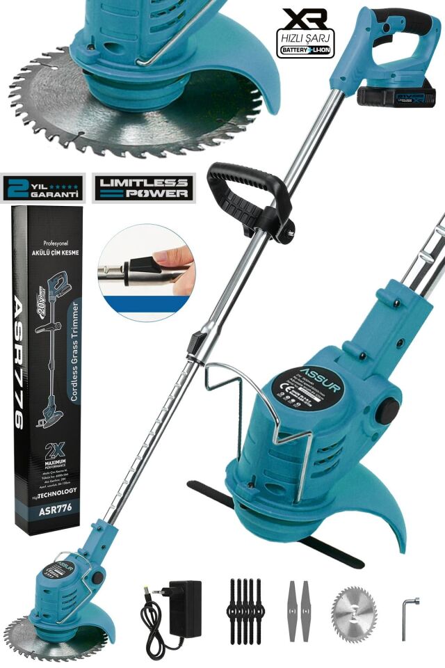Assur 21V Çift Akü Uzatma Kollu Çalı Ot Çim Biçme Şarjlı Tırpan
