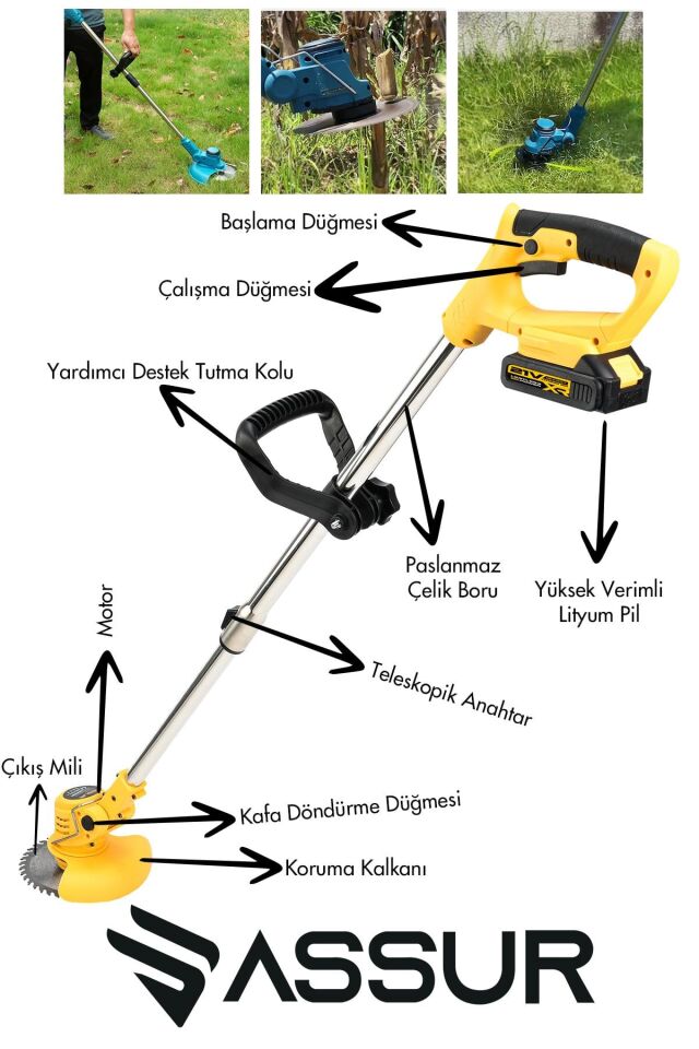 Assur 21V Çift Akülü Teleskopik Kol Çalı Ot Çim Biçme Şarjlı Tırpan