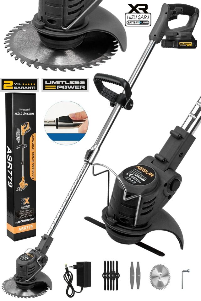 Assur 21V Çift Akü Teleskopik Uzatma Kollu Çim Ot Çalı Biçme Şarjlı Tırpan