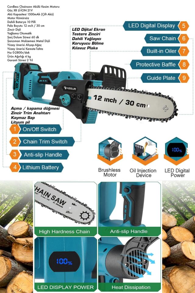 Assur 21V Çift Akülü Testere Ağaç Odun Dal Kesme Motoru