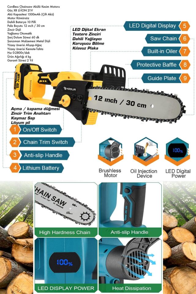 Assur 21V Çift Akülü Testere Ağaç Odun Dal Kesme Motoru