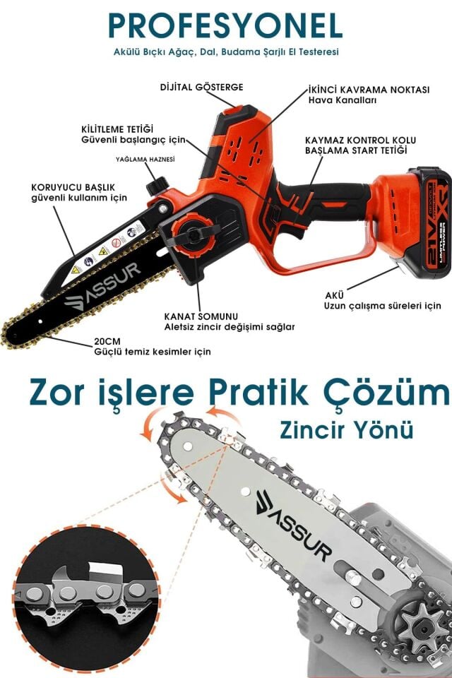 Assur Otomatik Yağlamalı Şarjlı El Testeresi Ağaç Odun Dal Kesme Budama Çift Batarya Dijital Gösterge