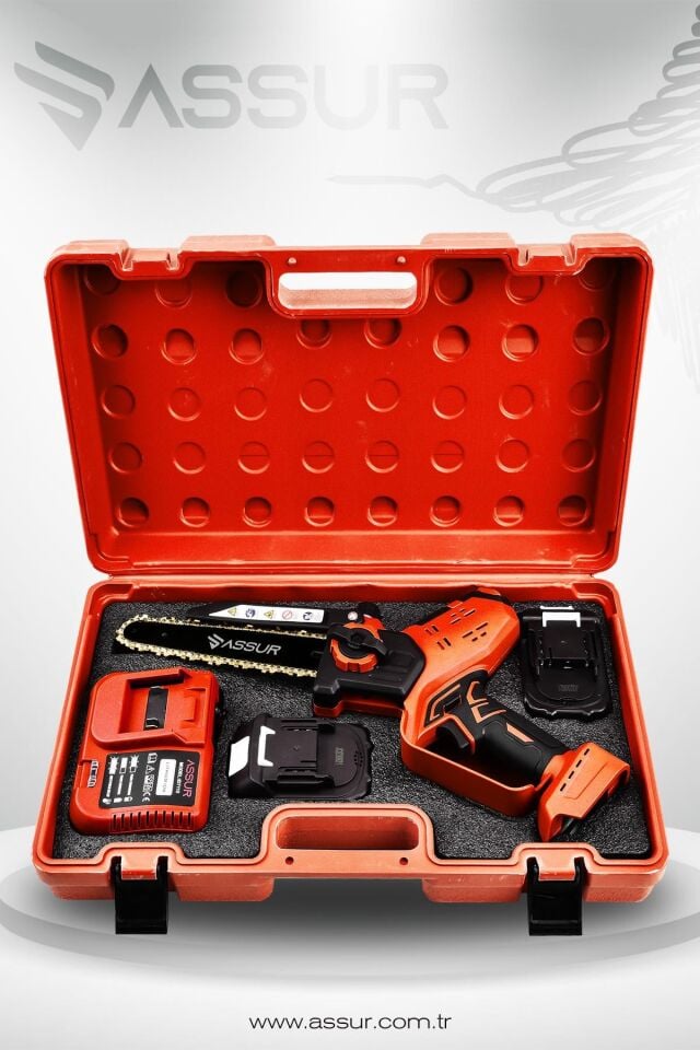 Assur Otomatik Yağlamalı Şarjlı El Testeresi Ağaç Odun Dal Kesme Budama Çift Batarya Dijital Gösterge