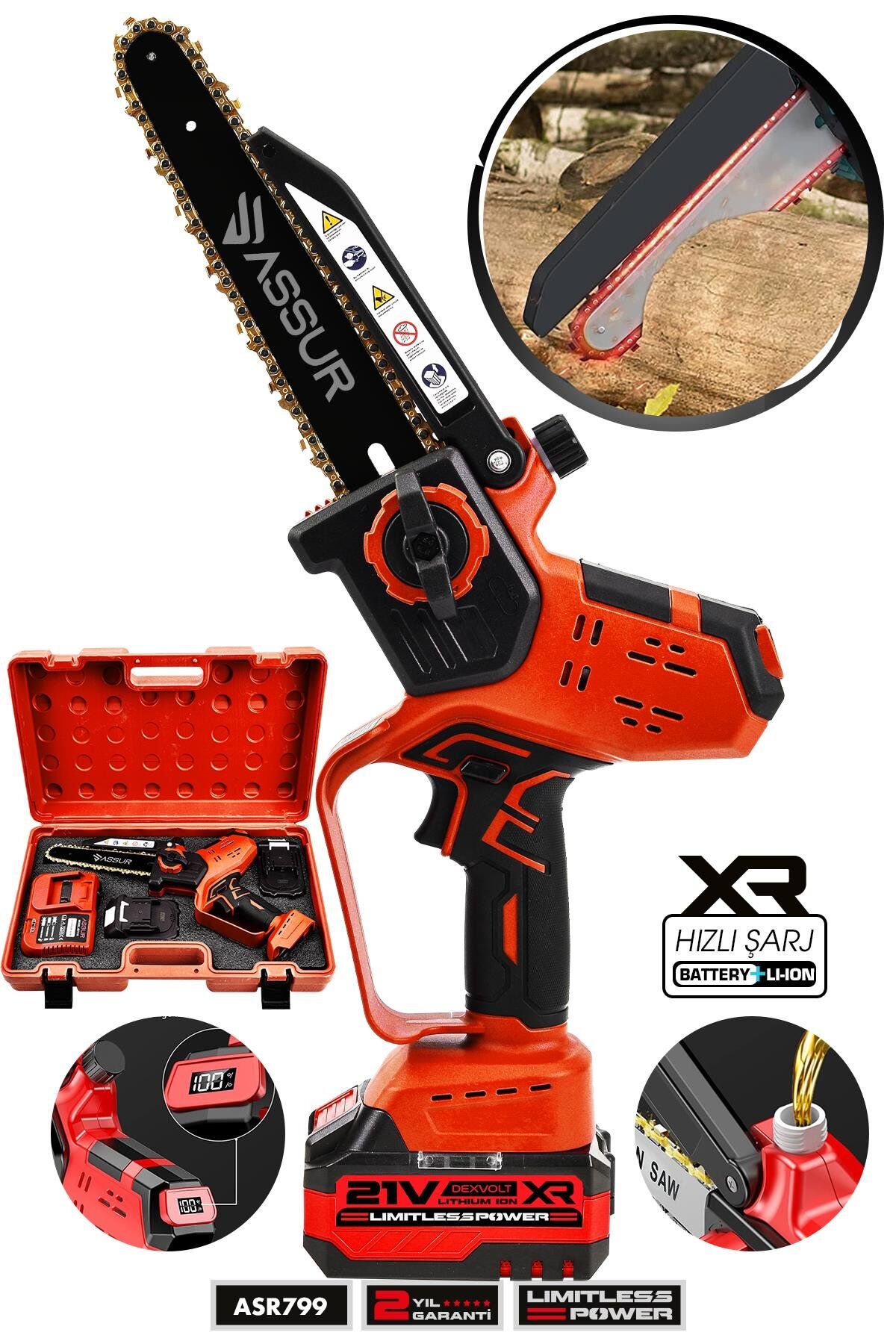 Assur Otomatik Yağlamalı Şarjlı El Testeresi Ağaç Odun Dal Kesme Budama Çift Batarya Dijital Gösterge