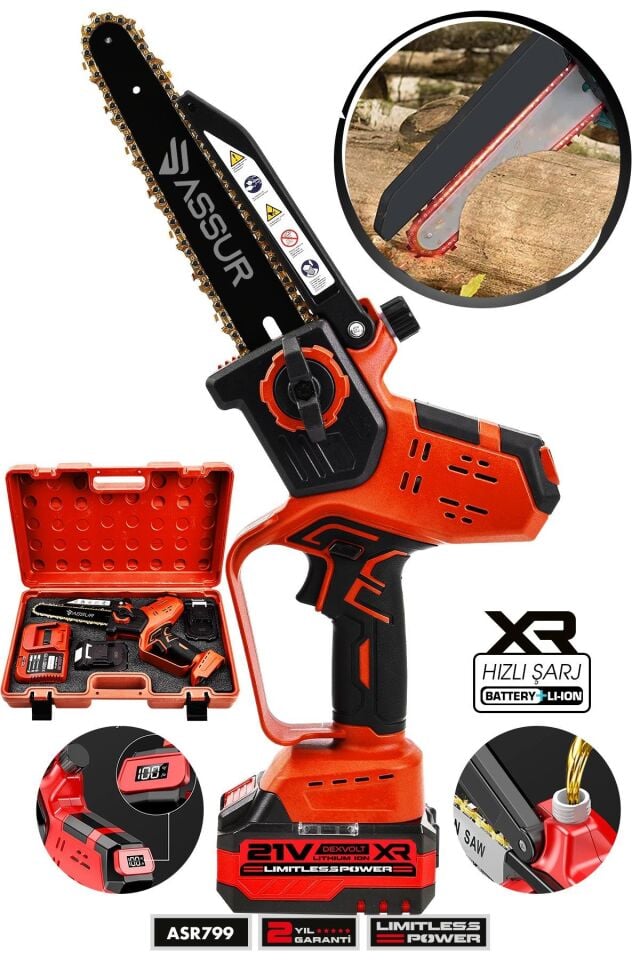 Assur Otomatik Yağlamalı Şarjlı El Testeresi Ağaç Odun Dal Kesme Budama Çift Batarya Dijital Gösterge