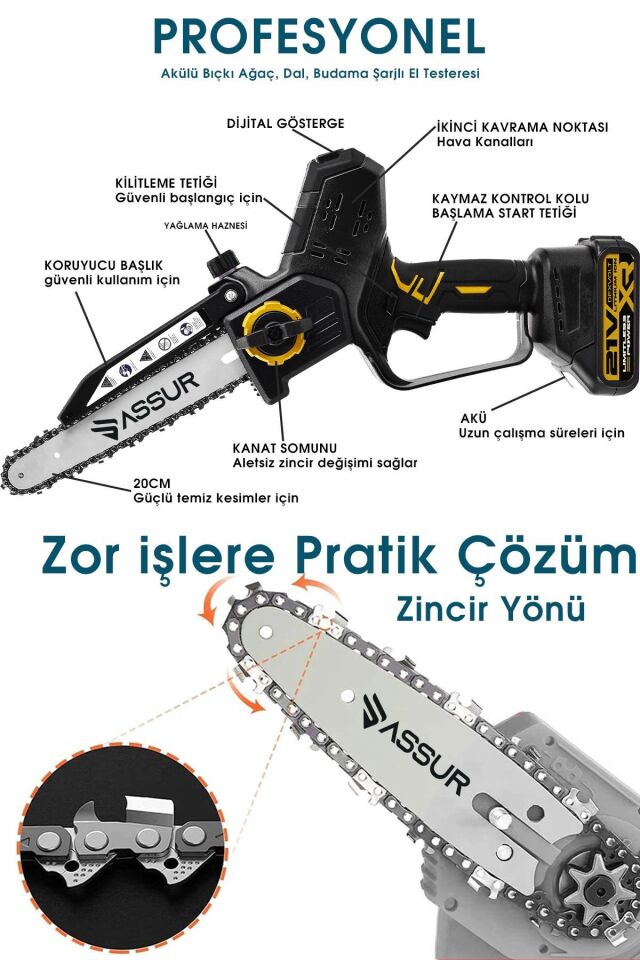 Assur Otomatik Yağlamalı Şarjlı El Testeresi Ağaç Odun Dal Kesme Budama Çift Batarya Dijital Gösterge