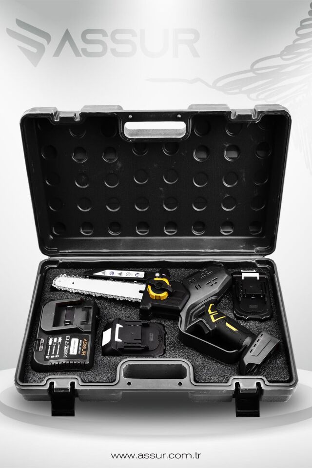 Assur Otomatik Yağlamalı Şarjlı El Testeresi Ağaç Odun Dal Kesme Budama Çift Batarya Dijital Gösterge