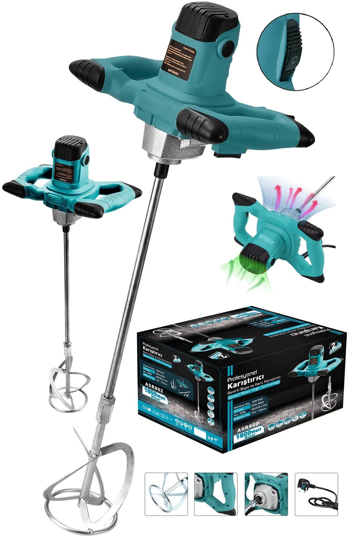 Assur Profesyonel 1800W Devir Ayarlı Elektrikli Alçı Boya Ve Harç Karıştırıcı Mikser