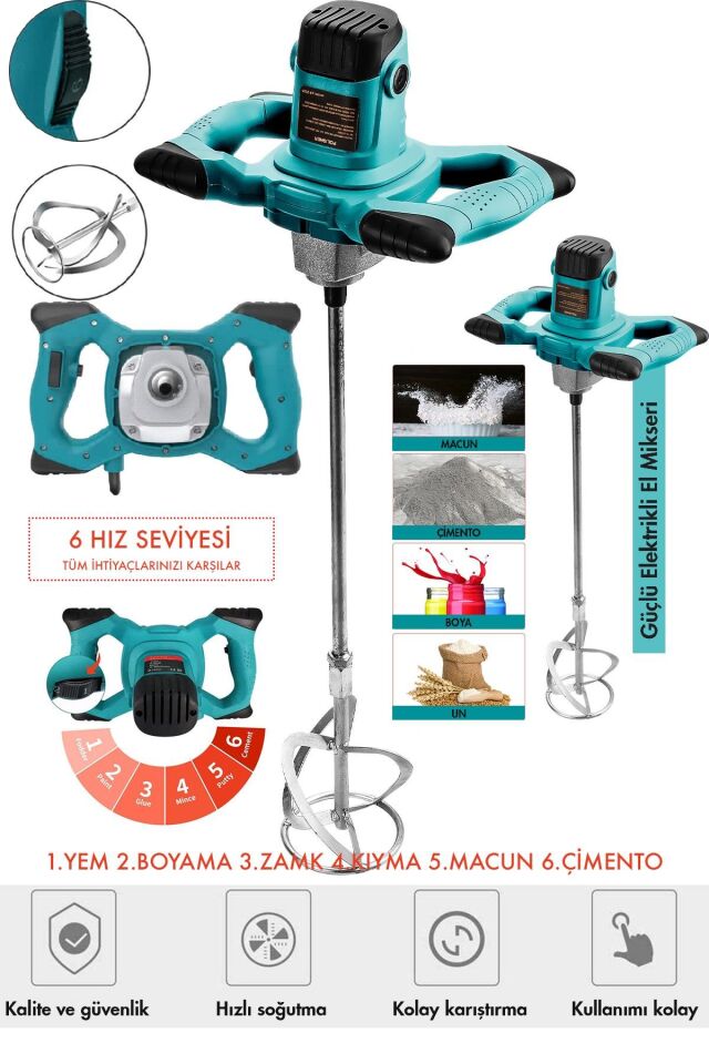 Assur Profesyonel 1800W Devir Ayarlı Elektrikli Alçı Boya Ve Harç Karıştırıcı Mikser