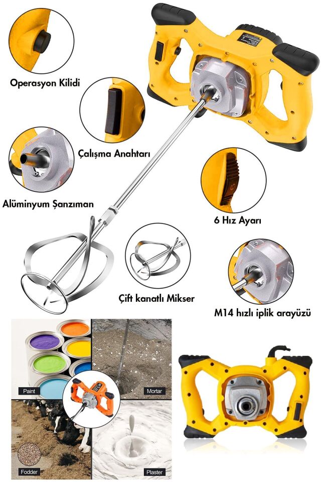 Assur Profesyonel 1800W Devir Ayarlı Elektrikli Alçı Boya Ve Harç Karıştırıcı Mikser